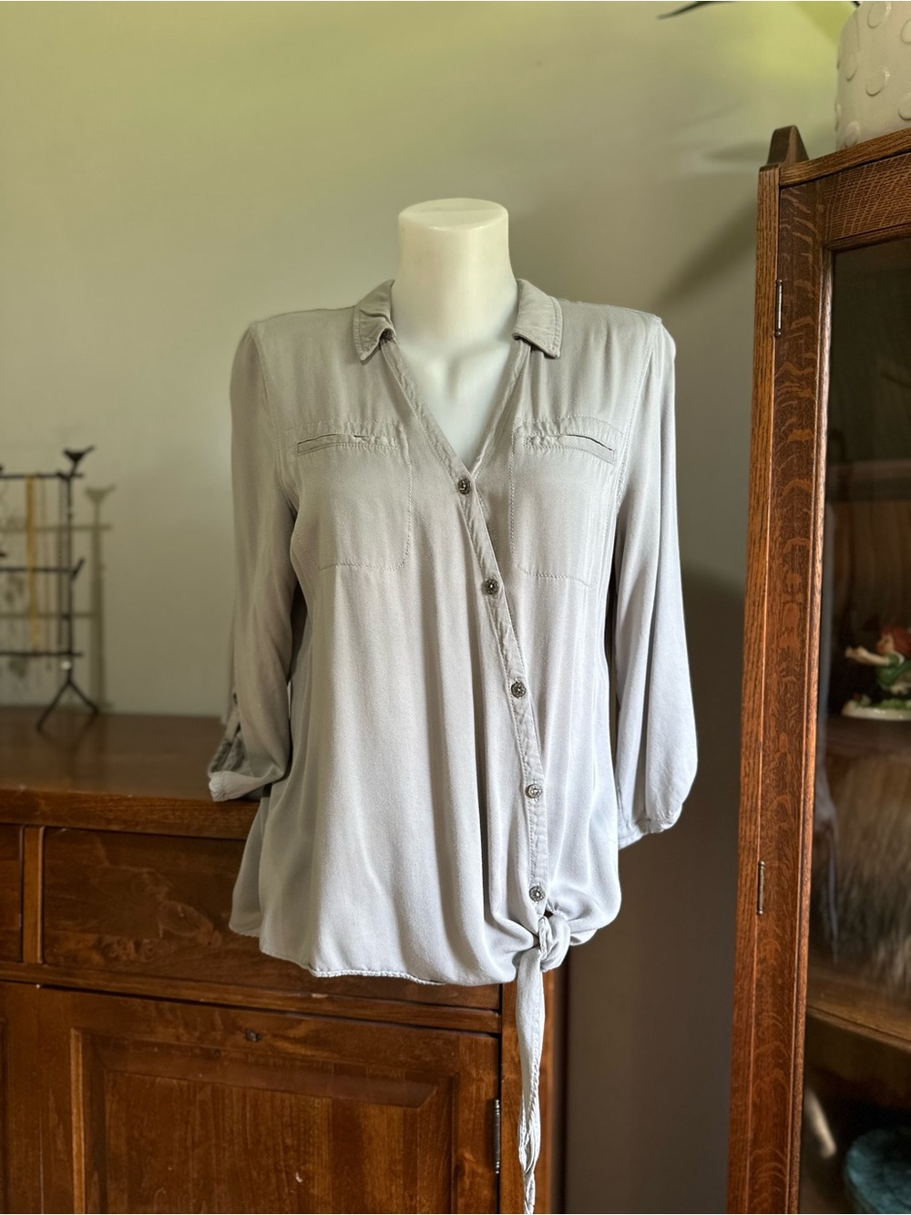 Sandwich - Grey Viscose Asymmetrical Button Tie Front Blouse
